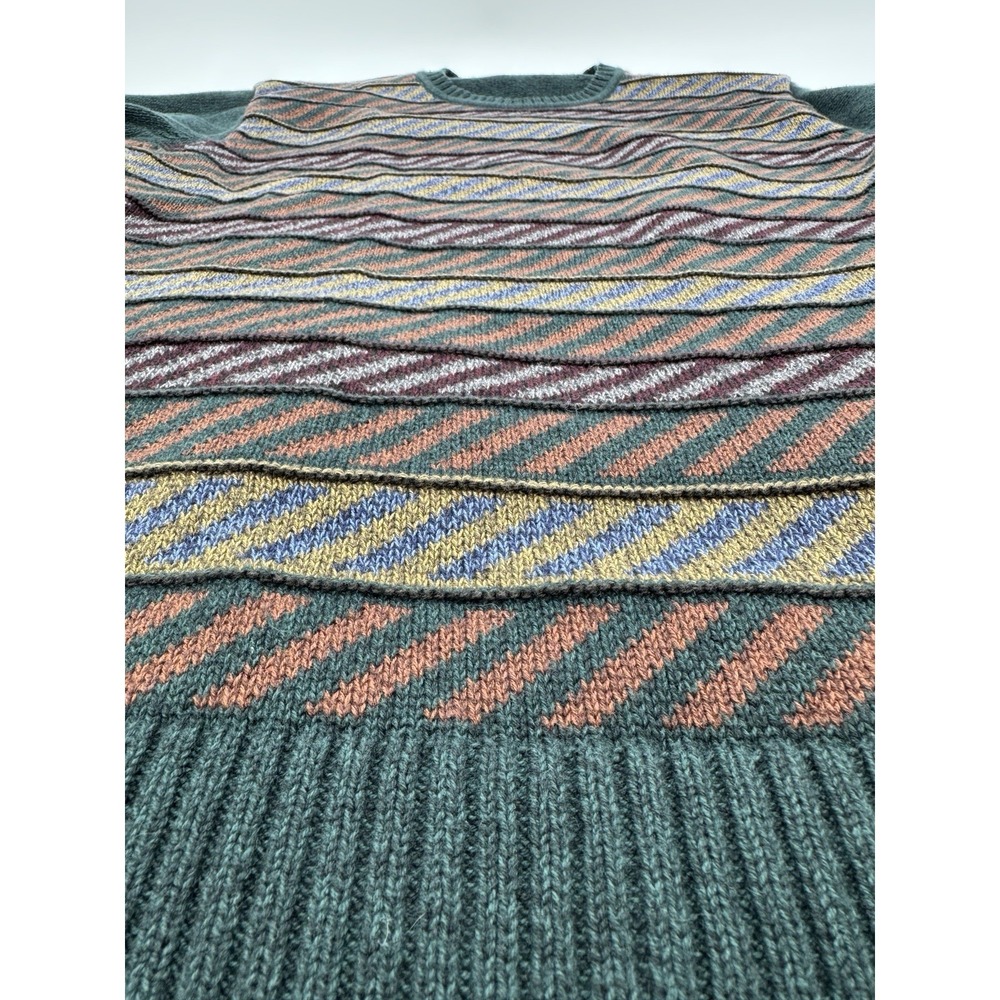 Vintage 90 Striped Knit Sweater Textured Men's L Green Eclectic Grandpa Cosby - Picture 2 of 6